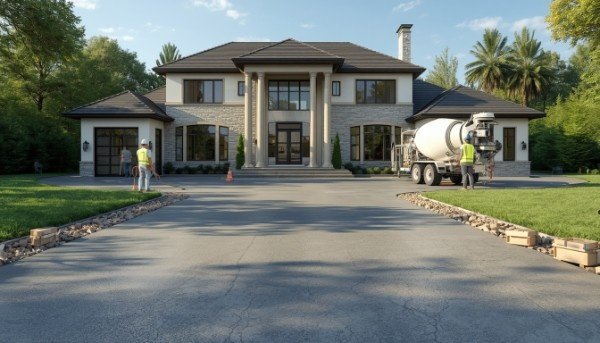 Concrete driveway construction in USA residential house