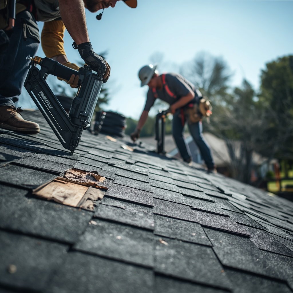 Residential roof replacement construction in USA