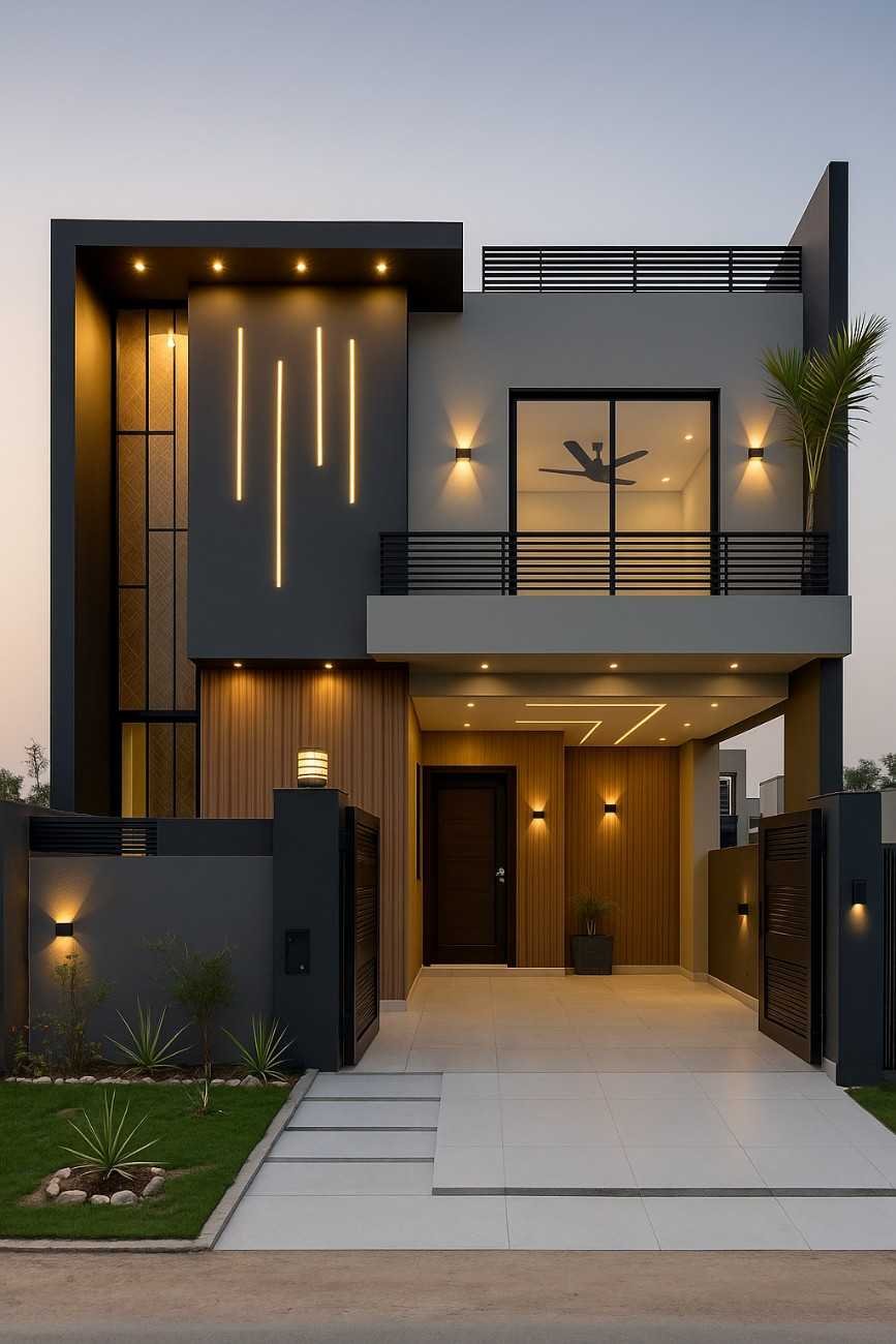 A modern house design with vertical LED strips and wooden paneling