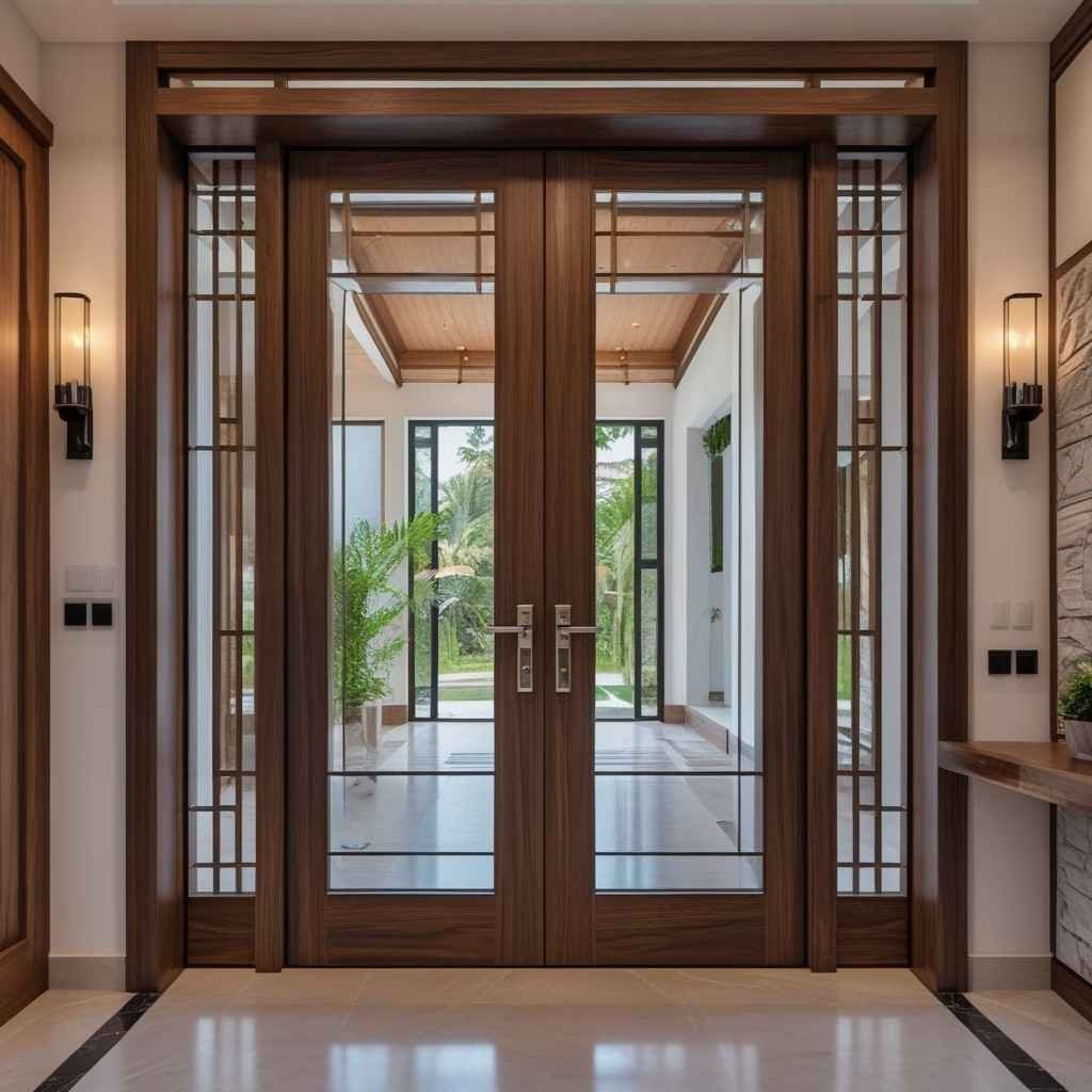 Beautiful Wooden door design with large glass panel