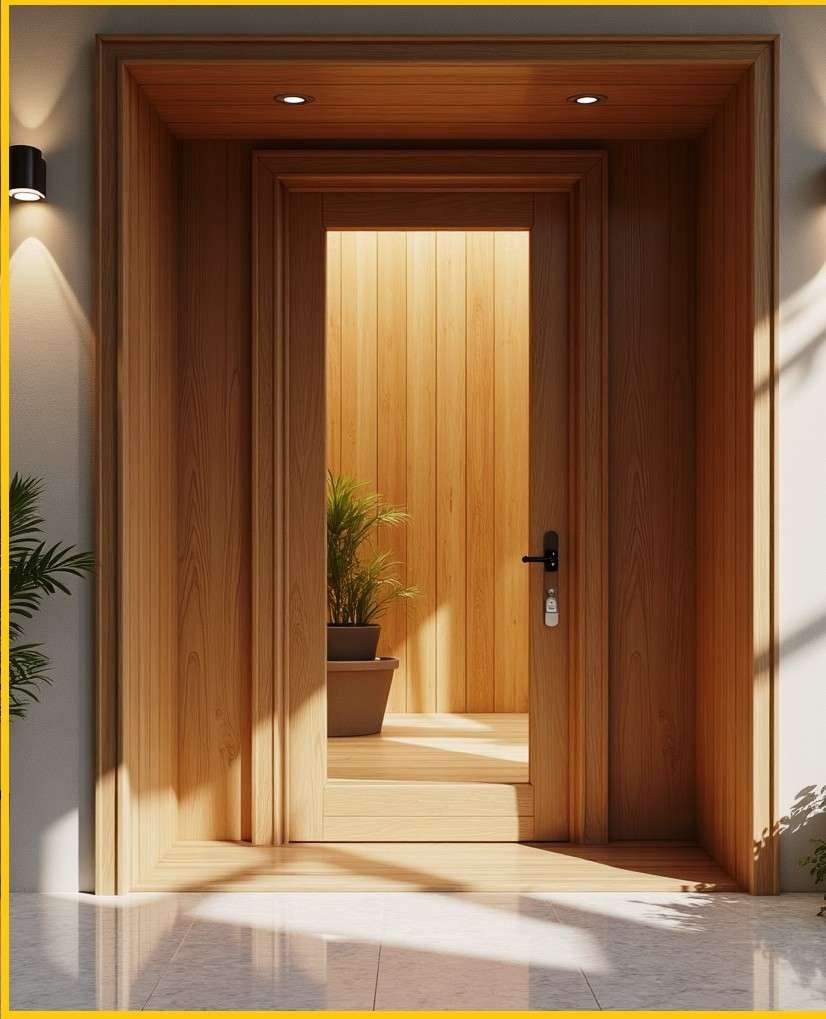 Beautiful wooden door design with glass panel