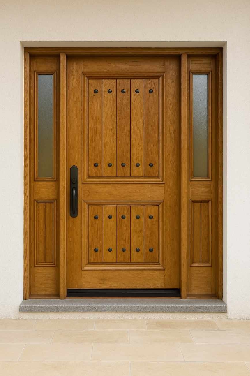 Classic wooden front door design with iron studs and vertical panels