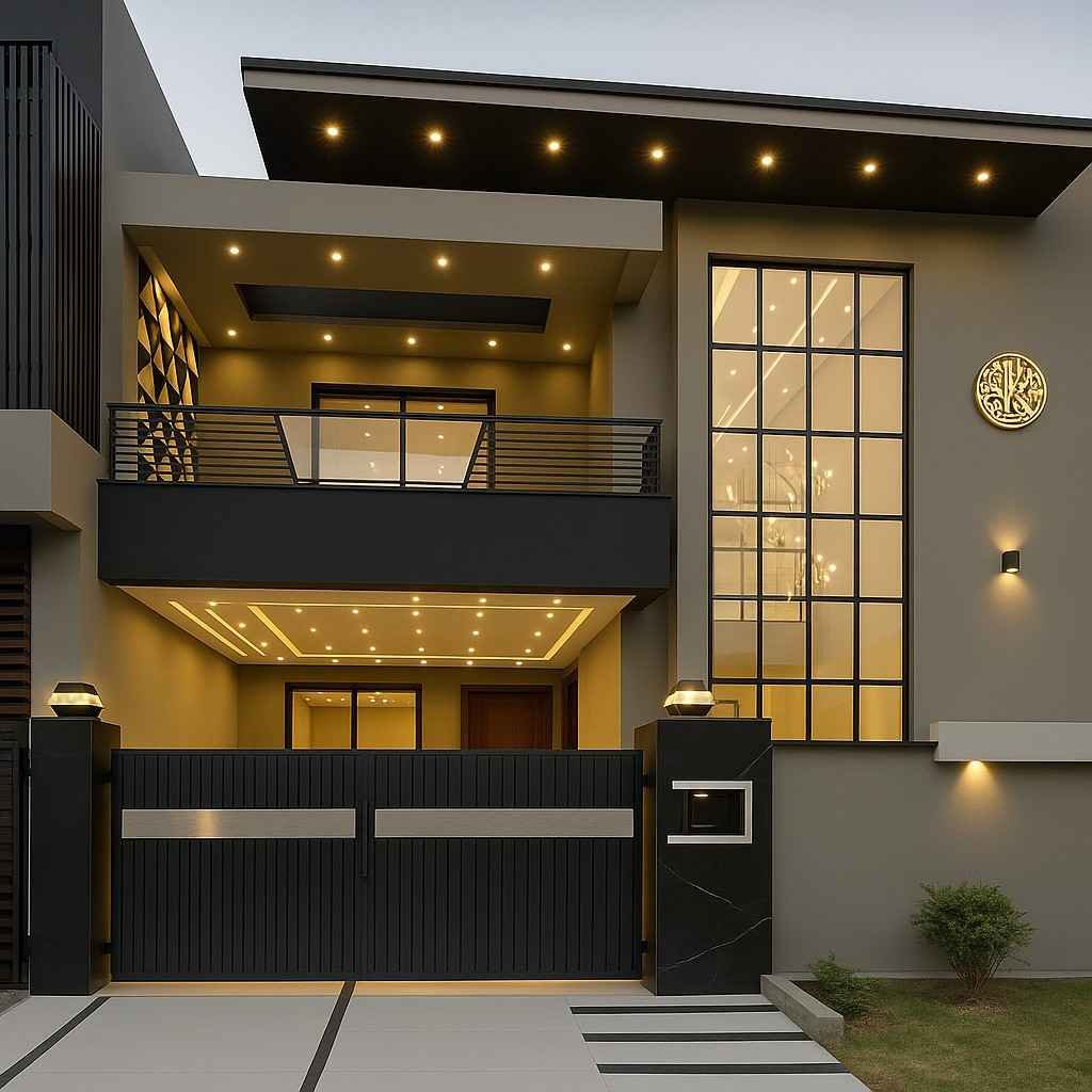 Contemporary house design with full glass panel and sleek exterior lighting