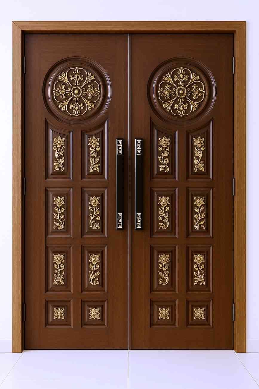 Dark wooden double doors with ornate floral carvings