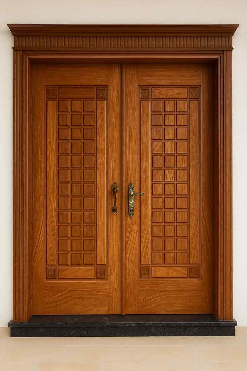 Double wooden door design with carved square panels 