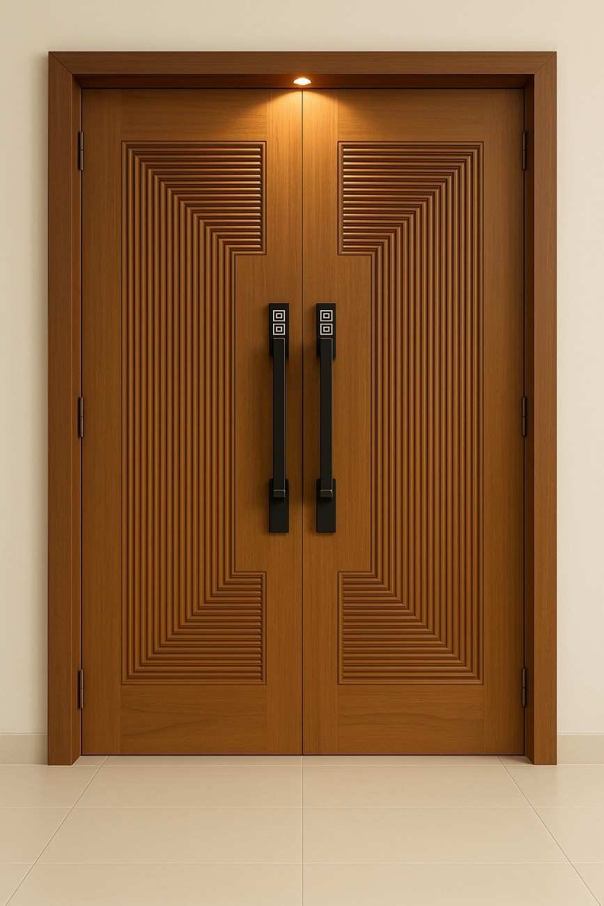 Double-wooden doors with geometric carved panels and black handles under warm lighting.6