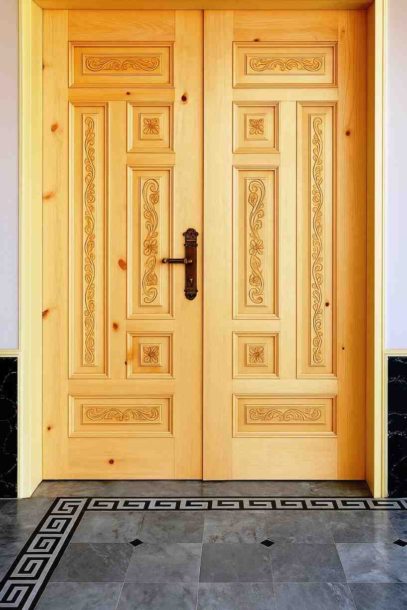 Elegant double wooden doors with intricate floral carvings