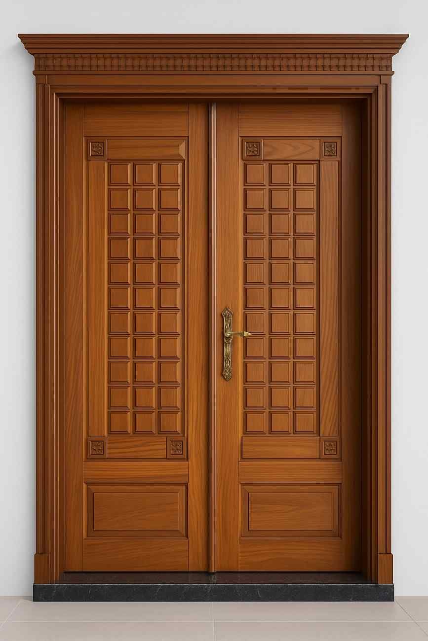 Elegant double wooden doors with square panel design
