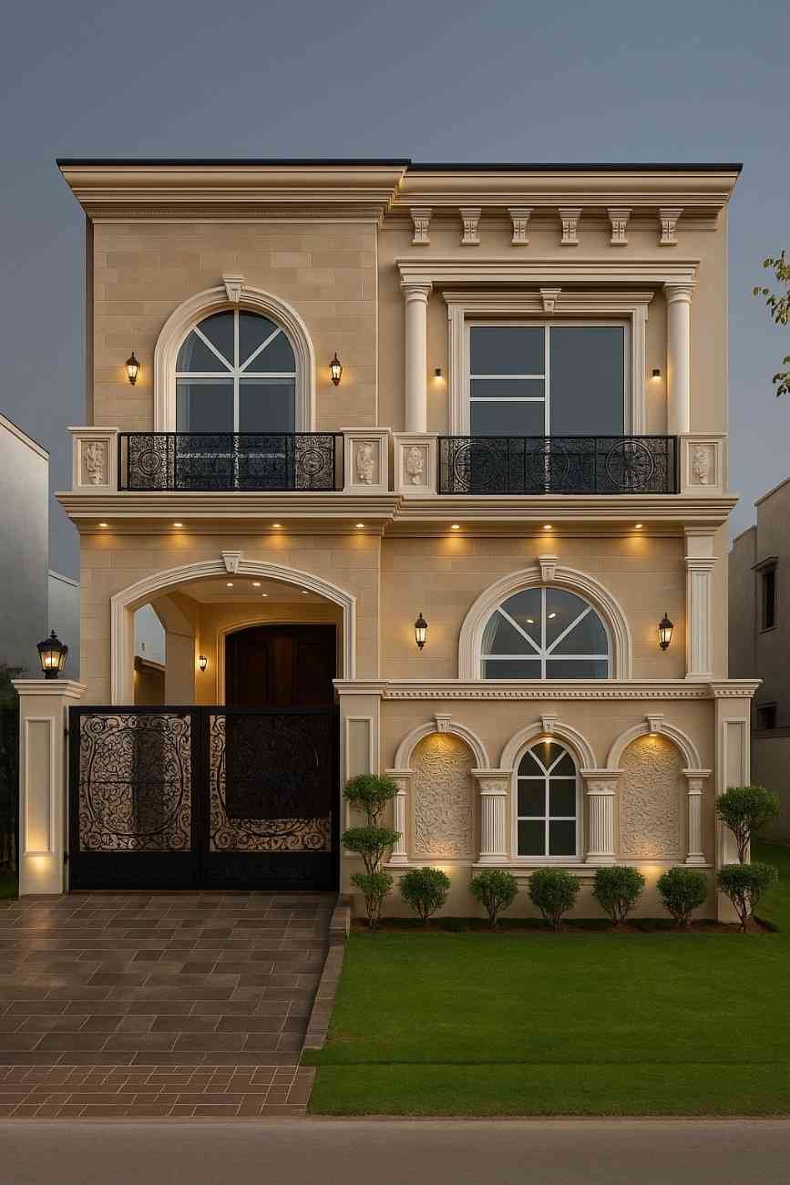 Elegant neoclassical double story house design with balcony and arched windows