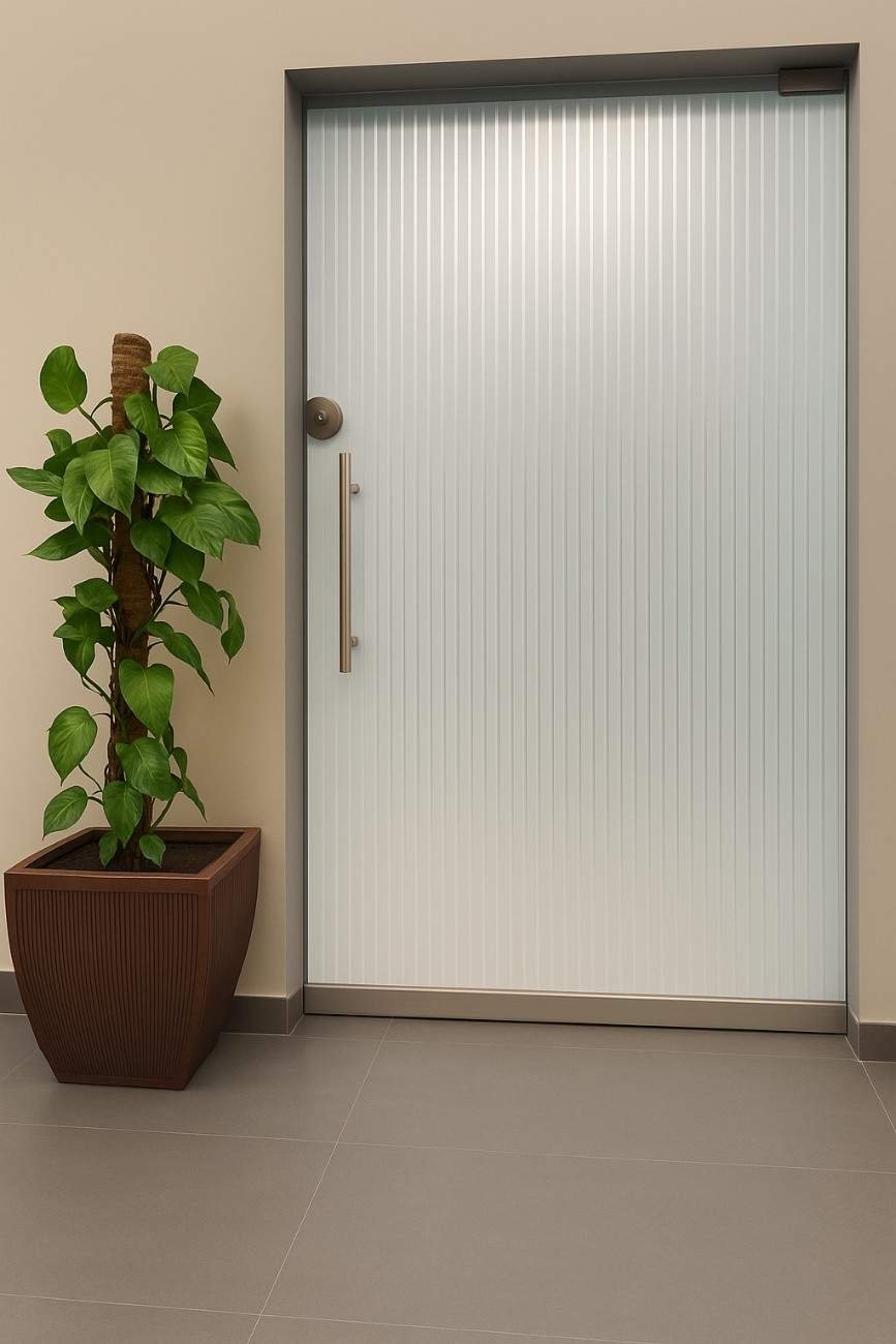 Frosted glass door design with vertical lines for office use