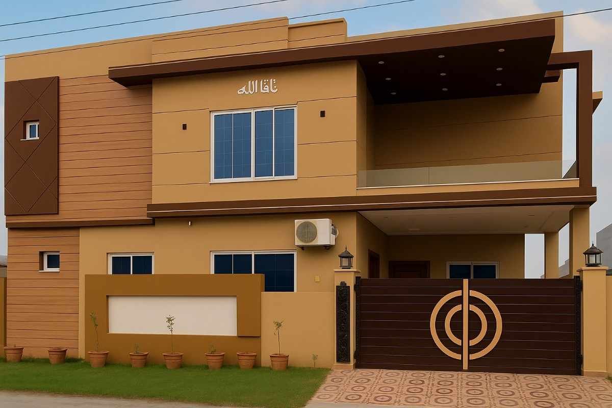 Modern 5 Marla house design with wooden texture and glass windows 