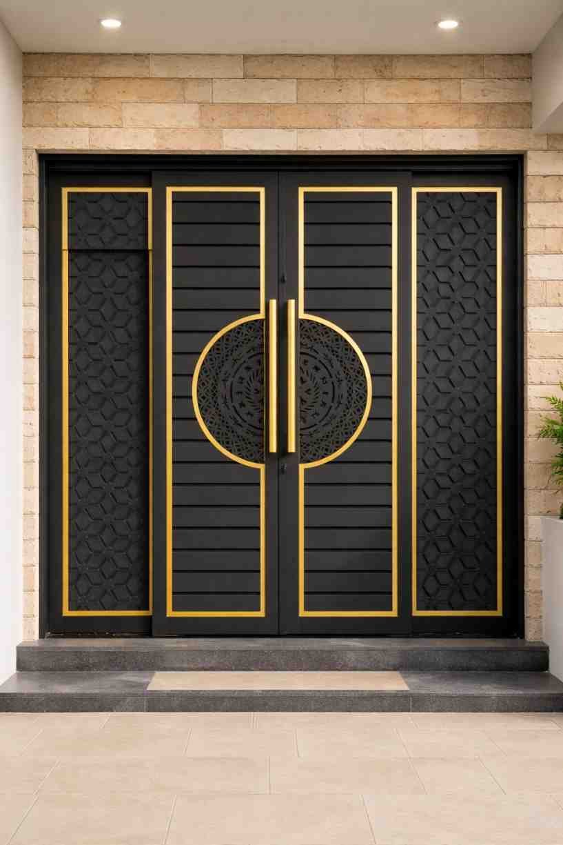 Modern black and gold double door with geometric metal panels and luxury entrance design