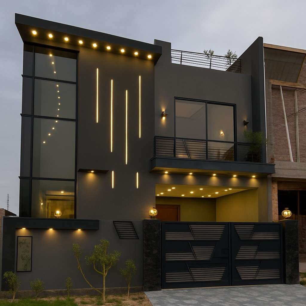 Modern Double-Story House with Glass Windows and Stylish Front Elevation.
