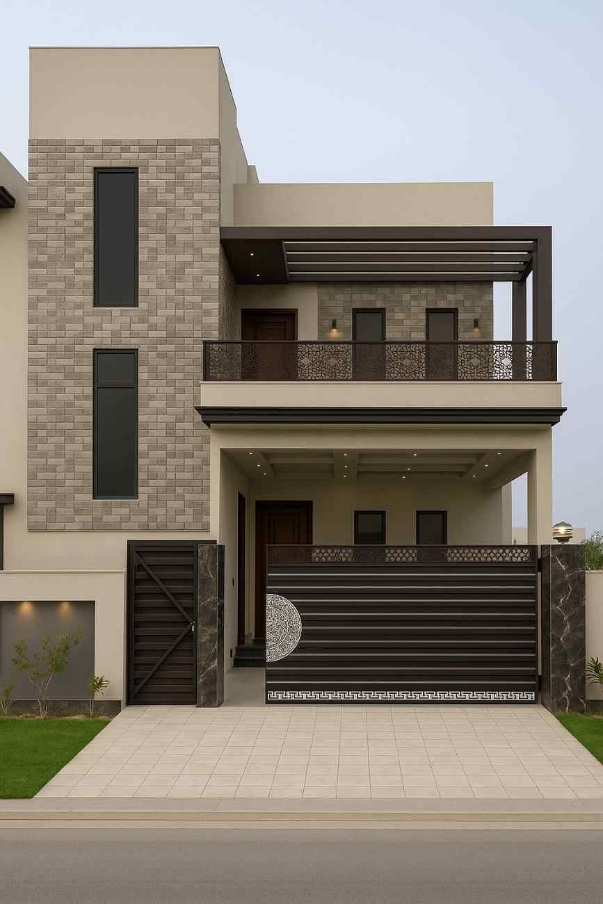 Modern double story house with tiled exterior stylish gate and contemporary balcony design