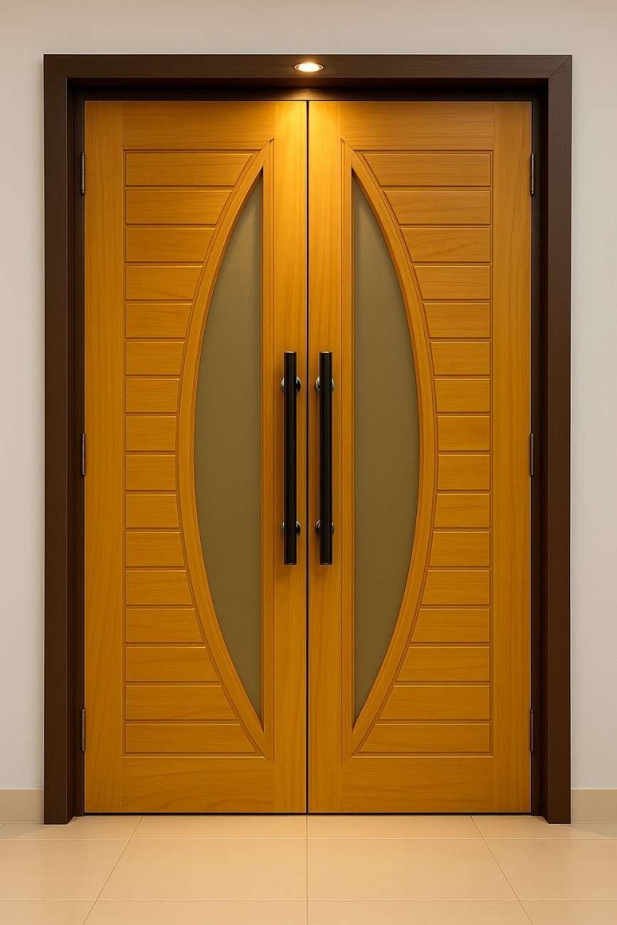 Modern double wooden door with curved glass panel