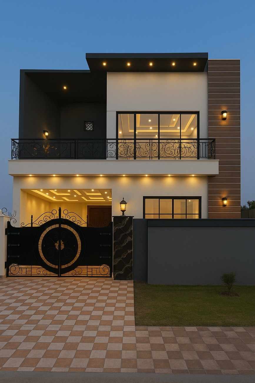 Modern two-story house with glass windows, balcony, and stylish gate under warm evening lights.