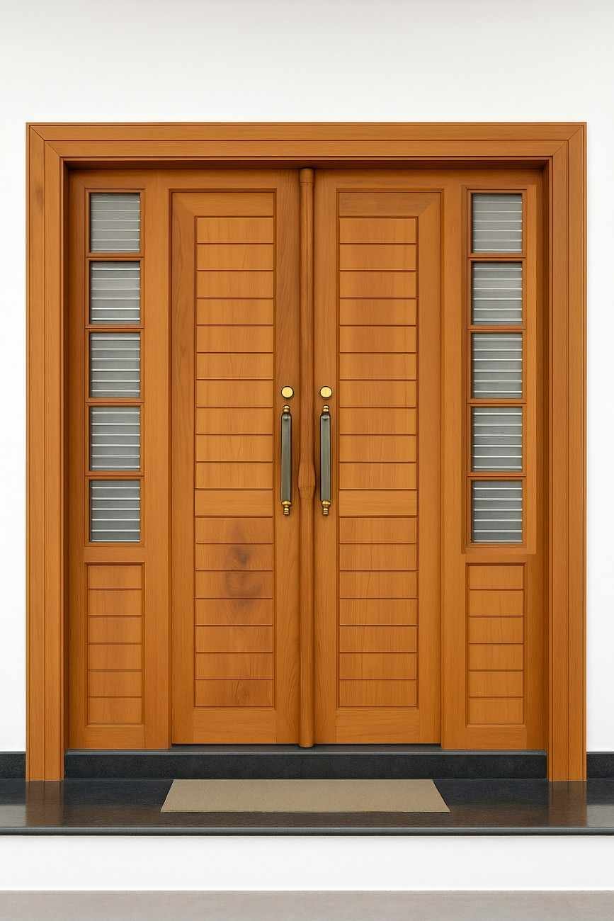 Modern wooden door with horizontal planks and glass panels 