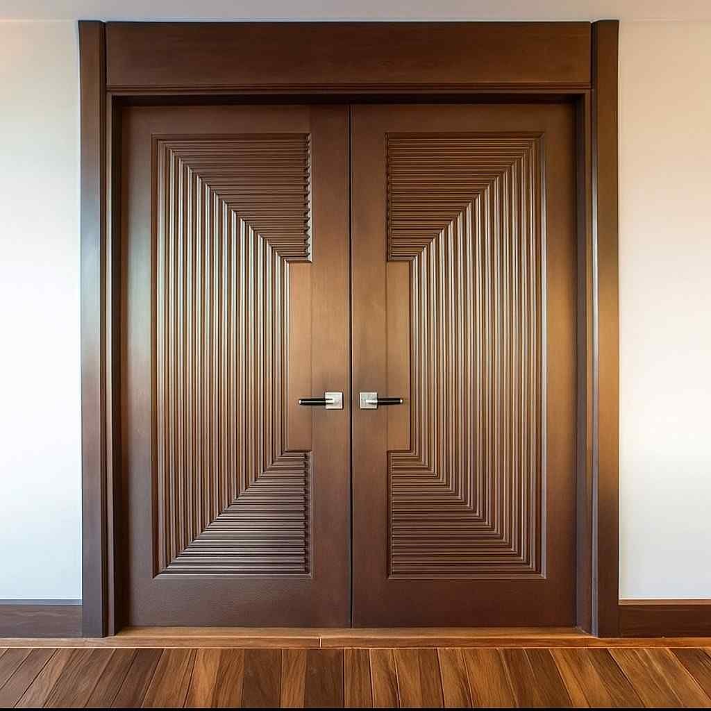 Stylish modern double wooden door with symmetrical grooved patterns 