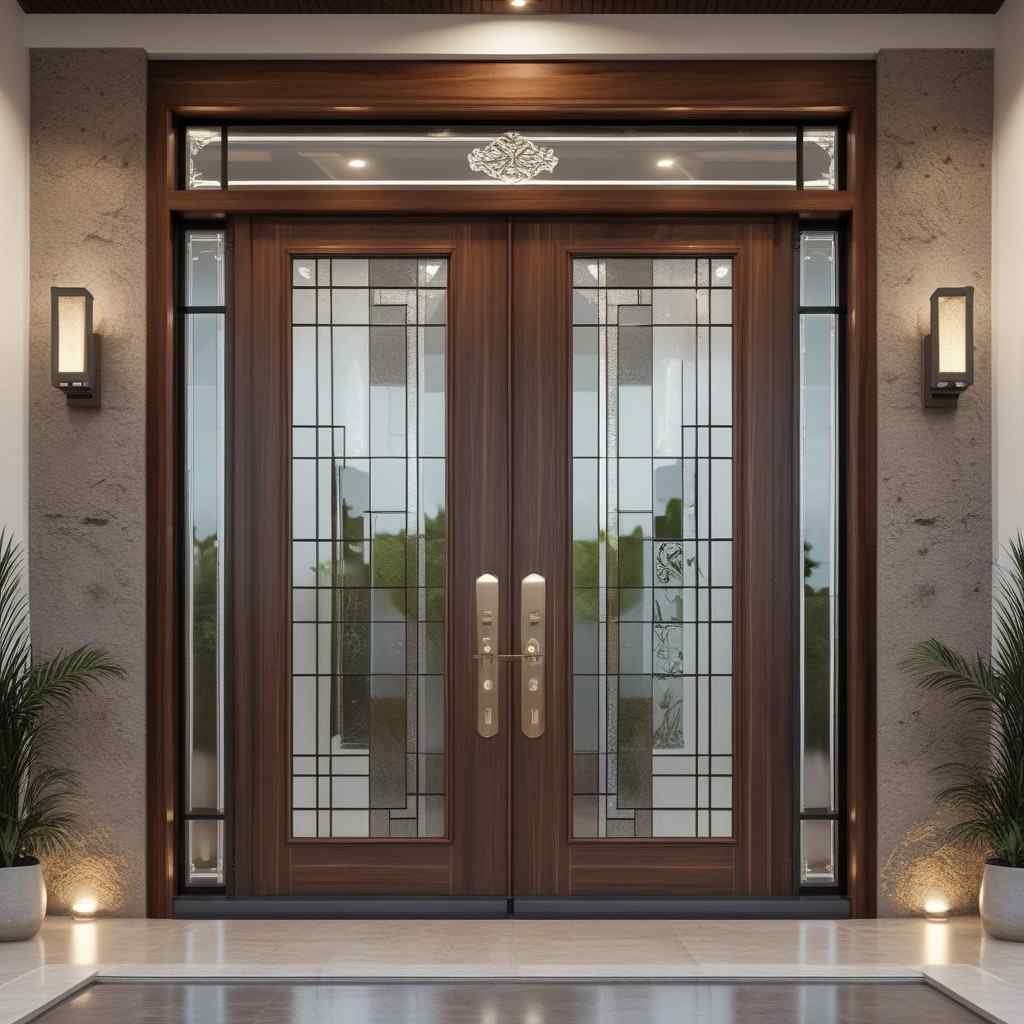 Wooden door design with large glass panel